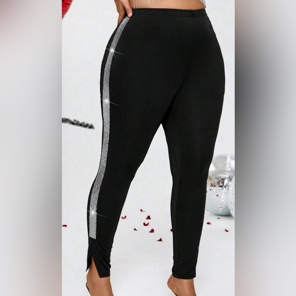 Women's Plus Size Sequined Patchwork Leggings With Side Slit - Picture 1 of 5